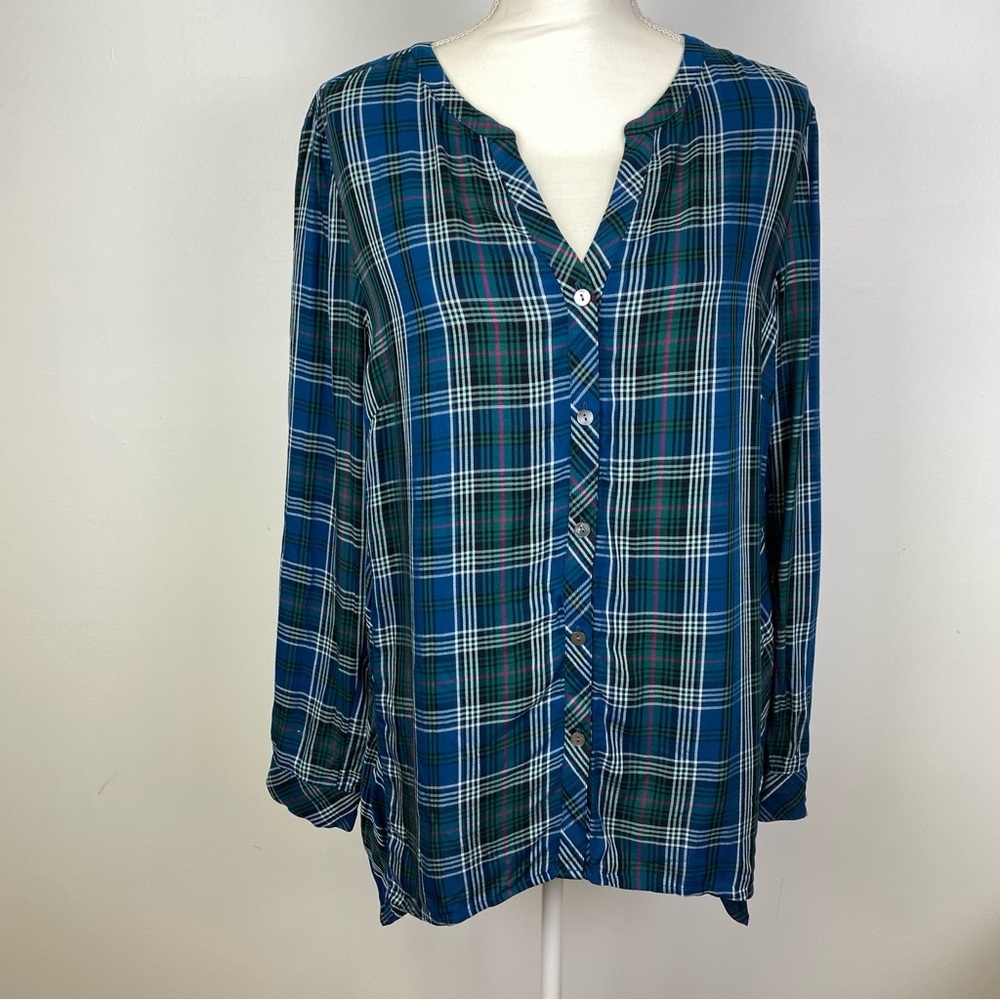 J. Jill Button Up Blouse Plaid Long Sleeve Henley Neck Rayon Blue Green M Tartan